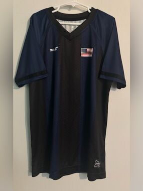 mitre Elite Boys Medium 10/12 Blue Black USA Soccer Jersey V-Neck Short Sleeve